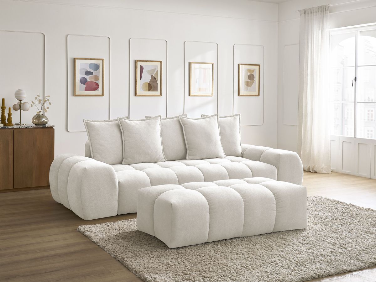 Canapé droit convertible coffre EVEREST tissu texturé avec pouf