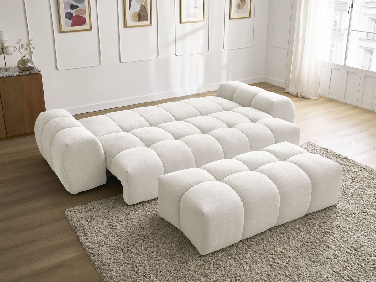 Canapé droit convertible coffre EVEREST tissu texturé avec pouf