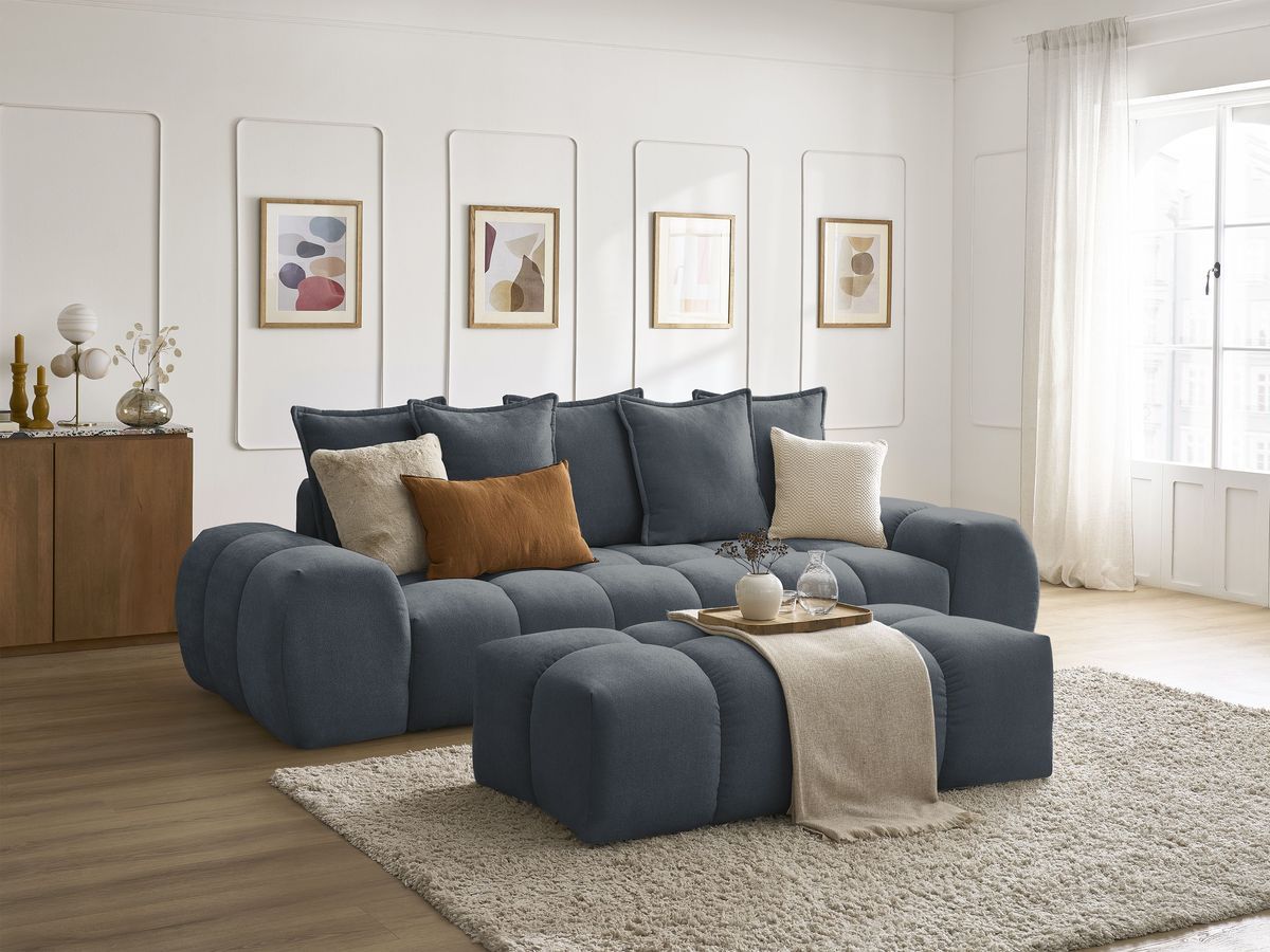 Canapé droit convertible coffre EVEREST tissu texturé avec pouf