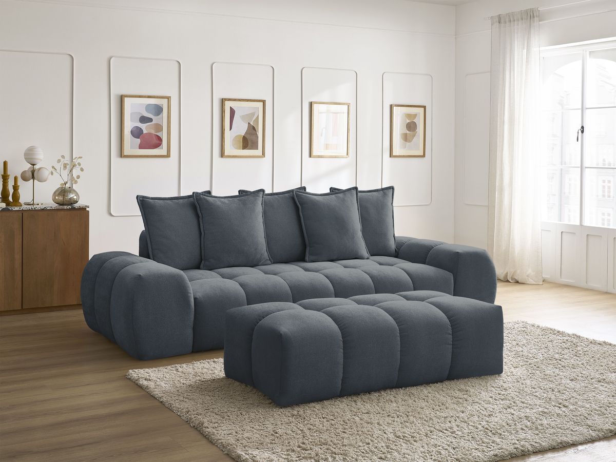 Canapé droit convertible coffre EVEREST tissu texturé avec pouf