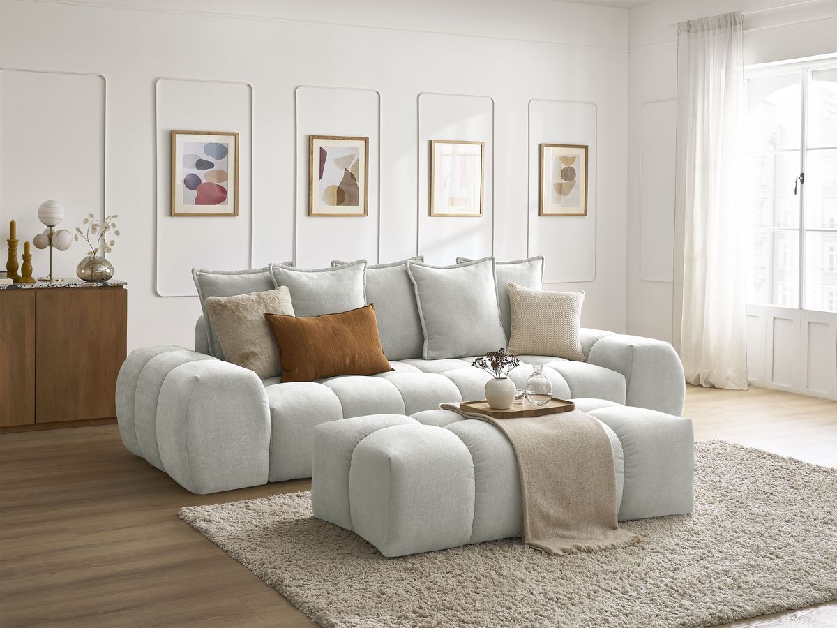 Canapé droit convertible coffre EVEREST tissu texturé avec pouf