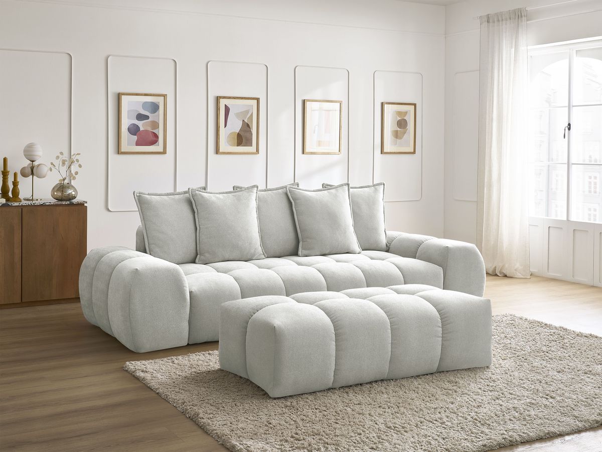 Canapé droit convertible coffre EVEREST tissu texturé avec pouf
