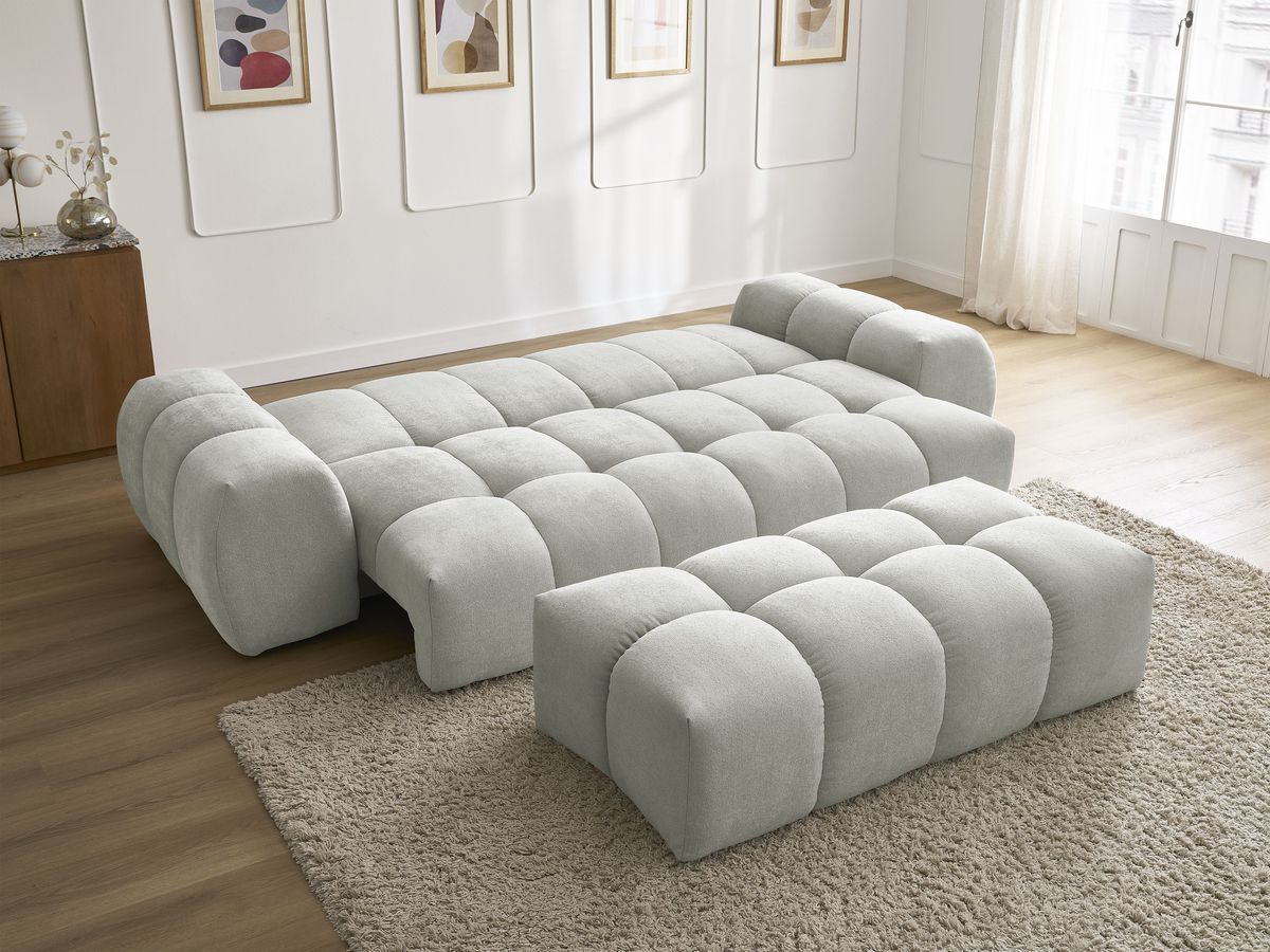 Canapé droit convertible coffre EVEREST tissu texturé avec pouf