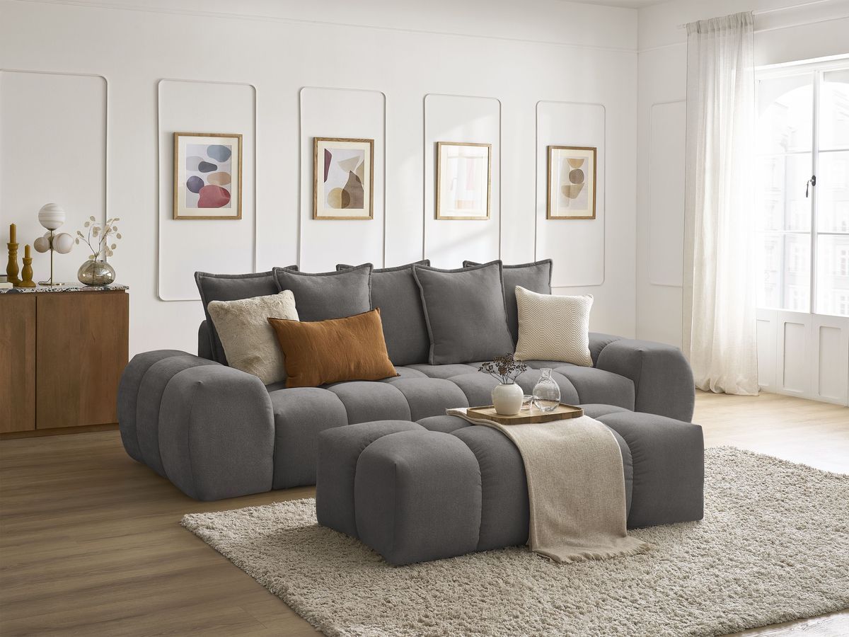 Canapé droit convertible coffre EVEREST tissu texturé avec pouf