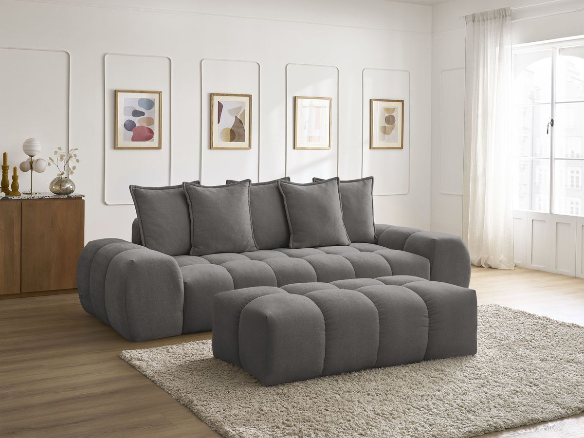 Canapé droit convertible coffre EVEREST tissu texturé avec pouf