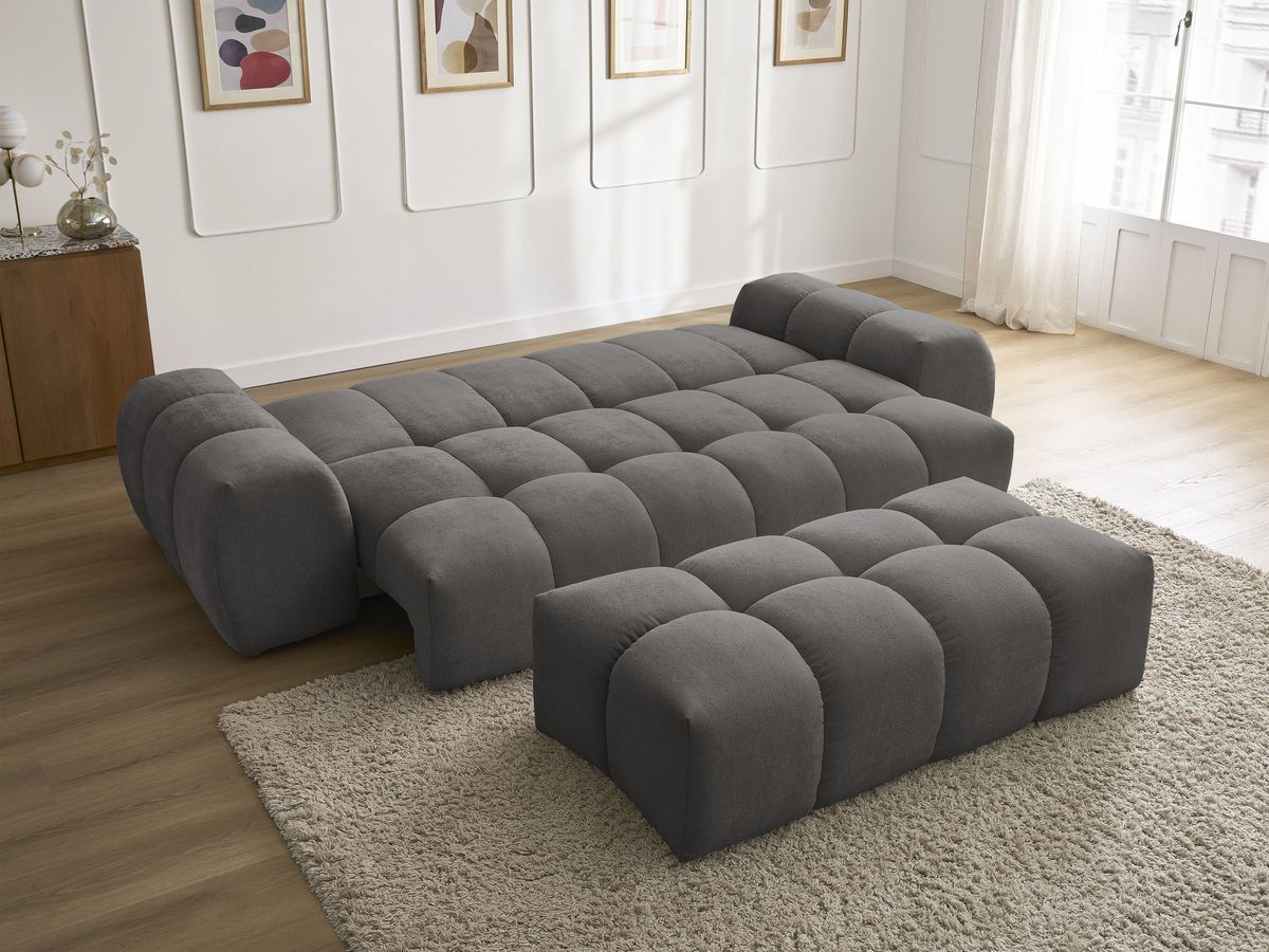 Canapé droit convertible coffre EVEREST tissu texturé avec pouf