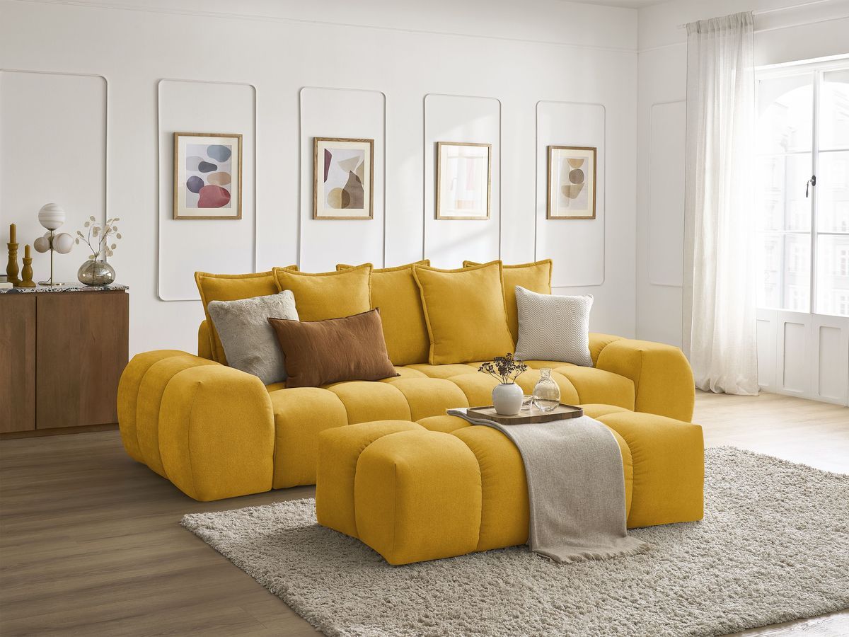Canapé droit convertible coffre EVEREST tissu texturé avec pouf
