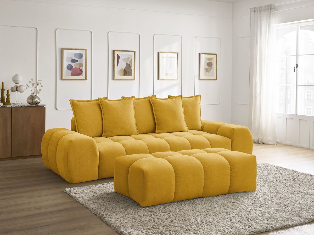 Canapé droit convertible coffre EVEREST tissu texturé avec pouf