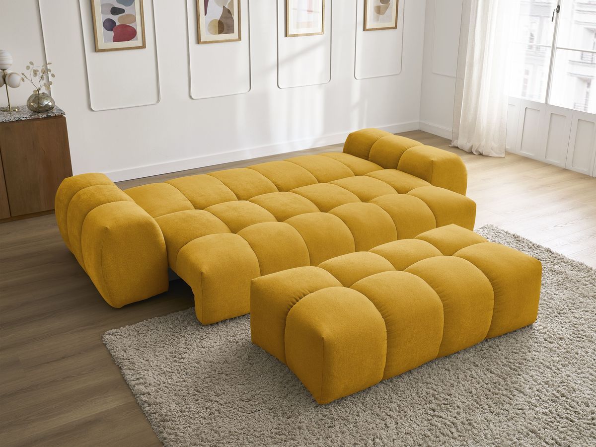 Canapé droit convertible coffre EVEREST tissu texturé avec pouf