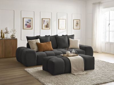 Canapé droit convertible coffre EVEREST tissu texturé avec pouf