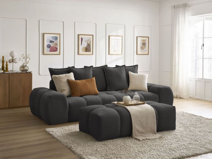 Canapé droit fixe convertible coffre EVEREST tissu texturé avec pouf