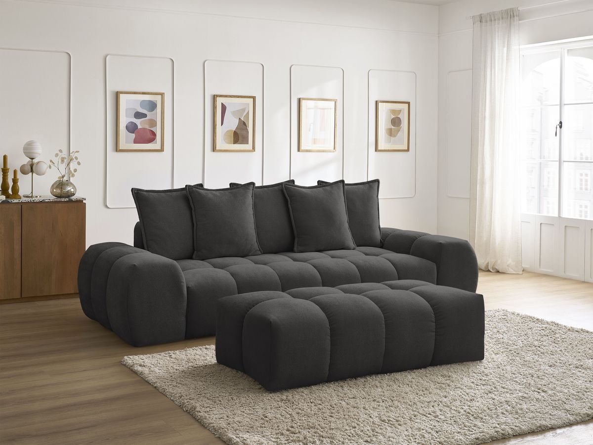 Canapé droit convertible coffre EVEREST tissu texturé avec pouf