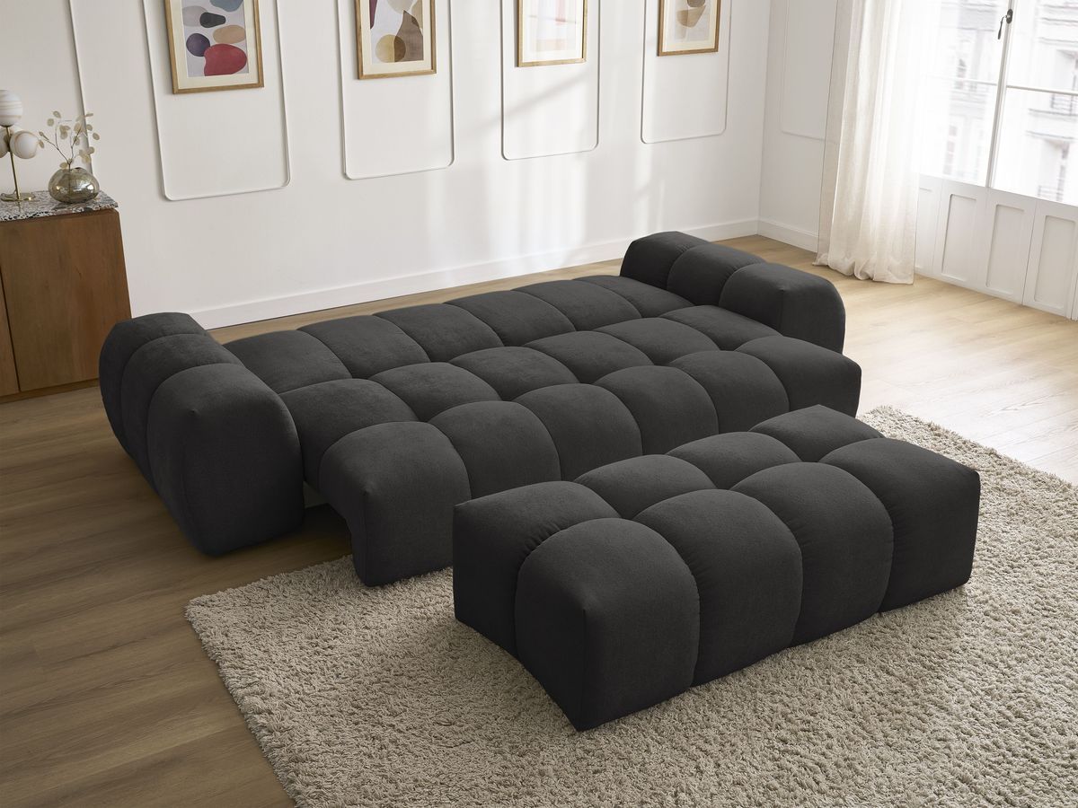 Canapé droit convertible coffre EVEREST tissu texturé avec pouf
