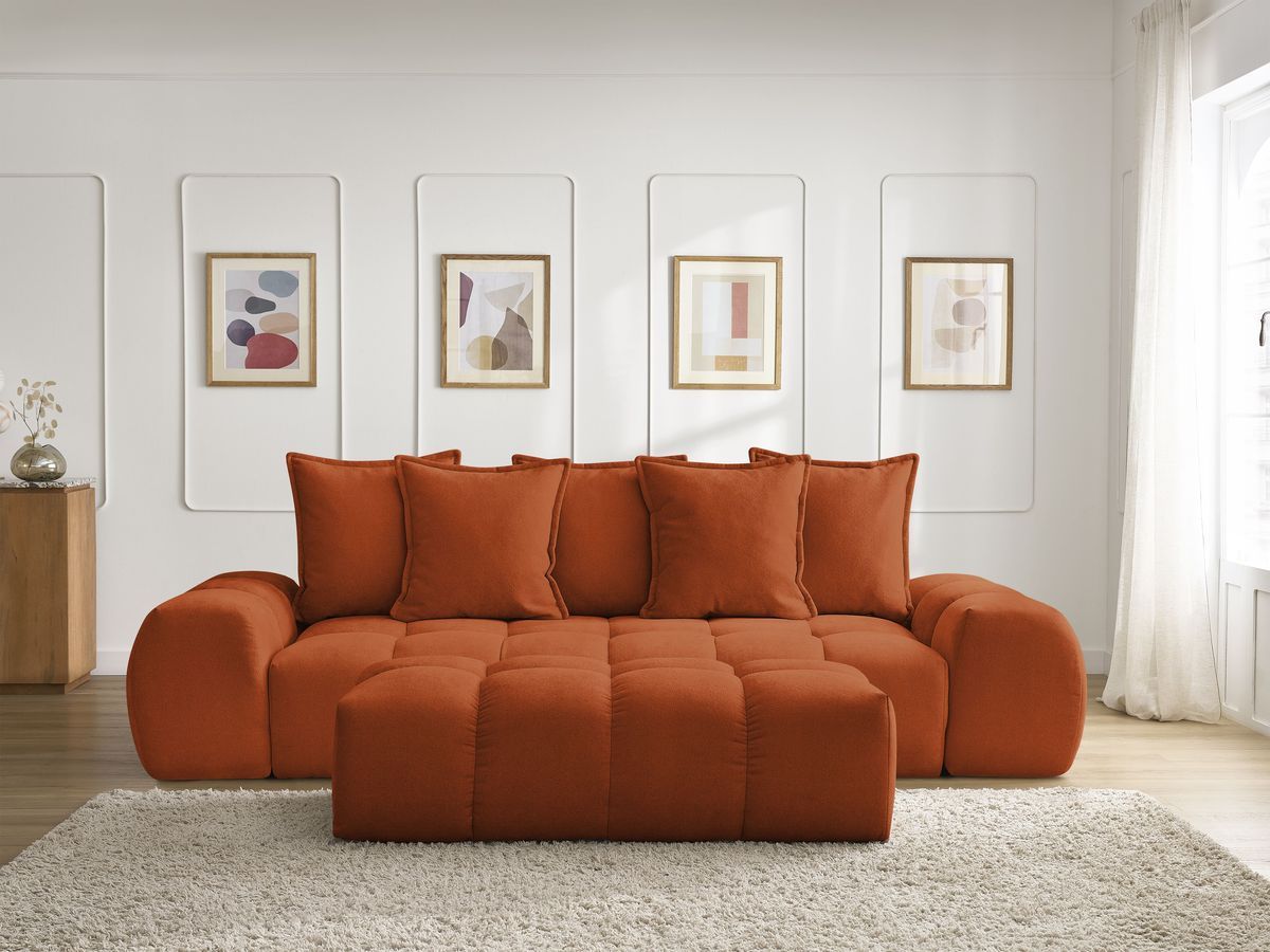 Canapé droit convertible coffre EVEREST tissu texturé avec pouf orange BOBOCHIC 3 places - Vue supplémentaire 3