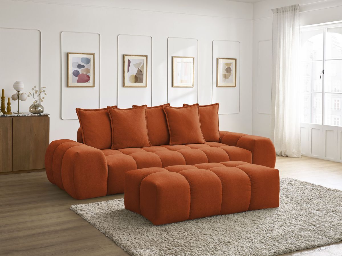 Canapé droit convertible coffre EVEREST tissu texturé avec pouf