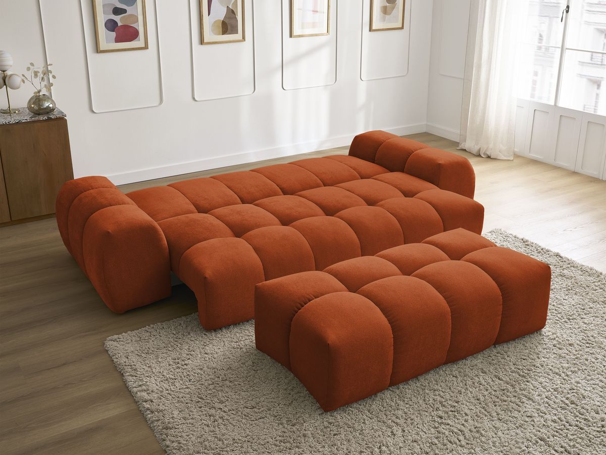 Canapé droit convertible coffre EVEREST tissu texturé avec pouf