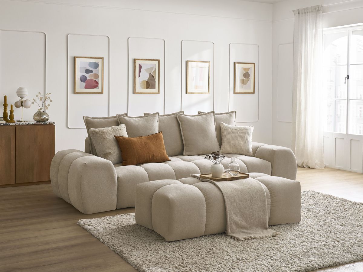 Canapé droit convertible coffre EVEREST tissu texturé avec pouf