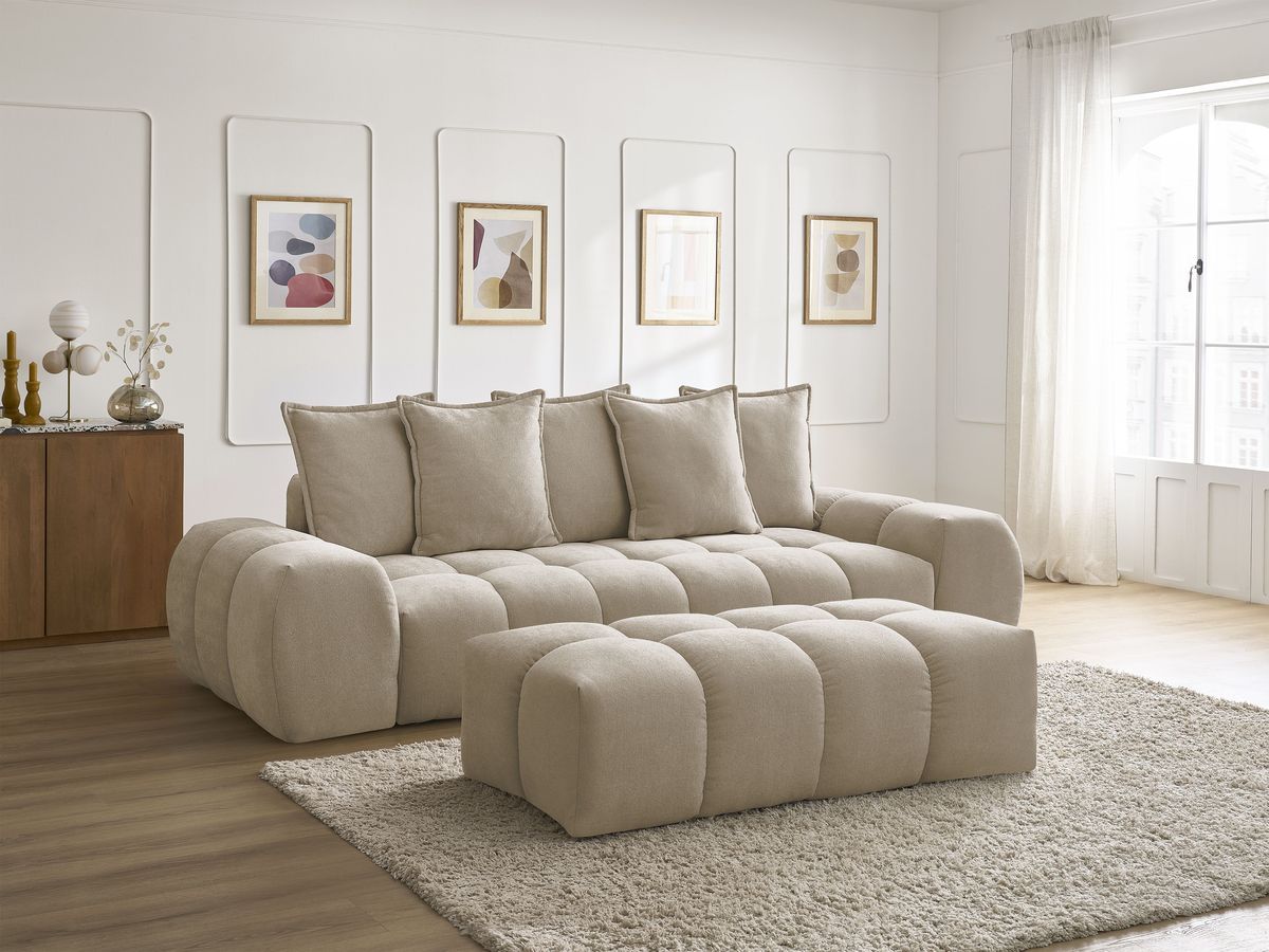 Canapé droit convertible coffre EVEREST tissu texturé avec pouf