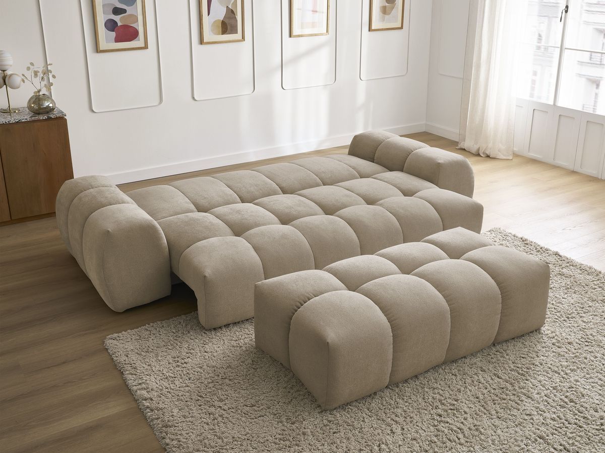 Canapé droit convertible coffre EVEREST tissu texturé avec pouf