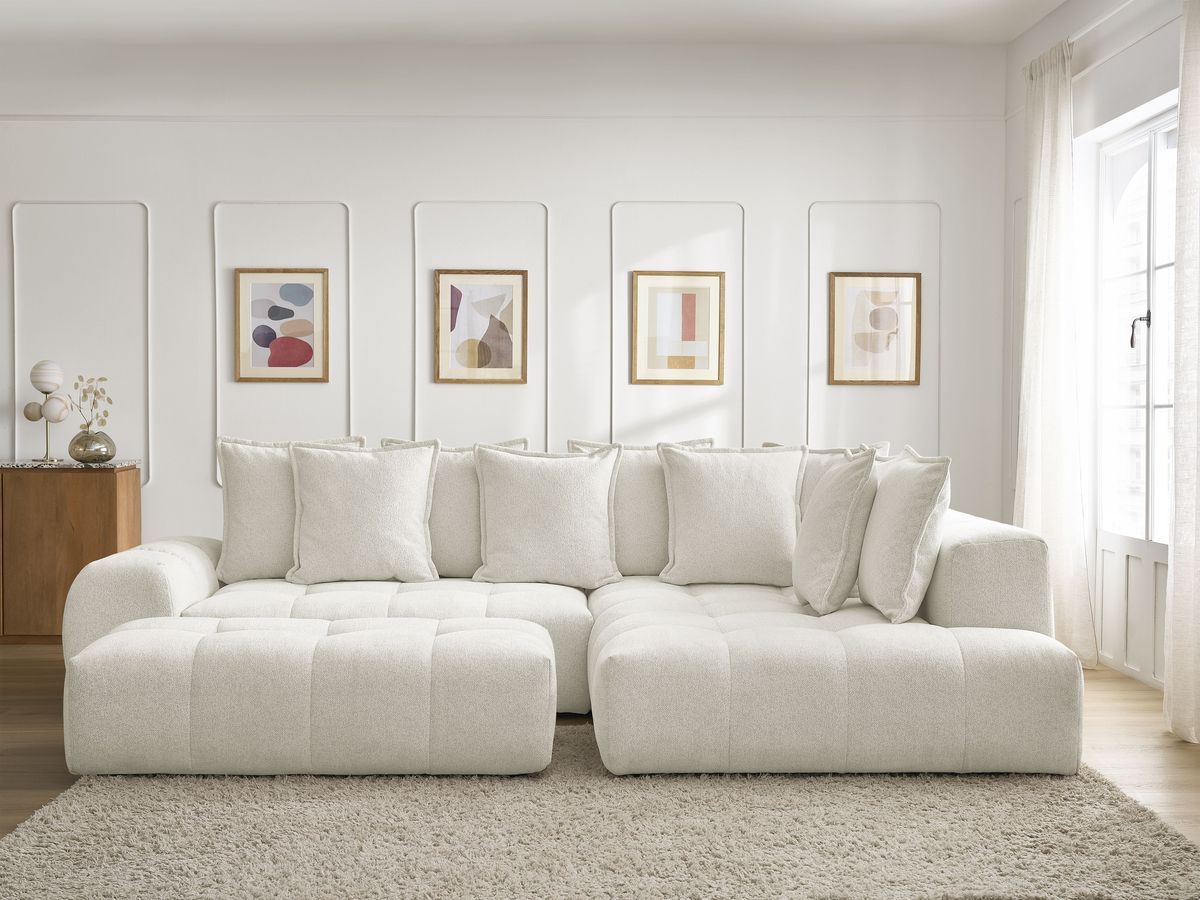 Canapé d'angle L convertible coffre EVEREST tissu chiné avec pouf blanc angle droit BOBOCHIC 4 places - Vue supplémentaire 3