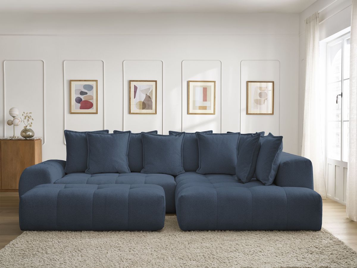 Canapé d'angle L convertible coffre EVEREST tissu chiné avec pouf bleu foncé angle droit BOBOCHIC 4 places - Vue supplémentaire 3