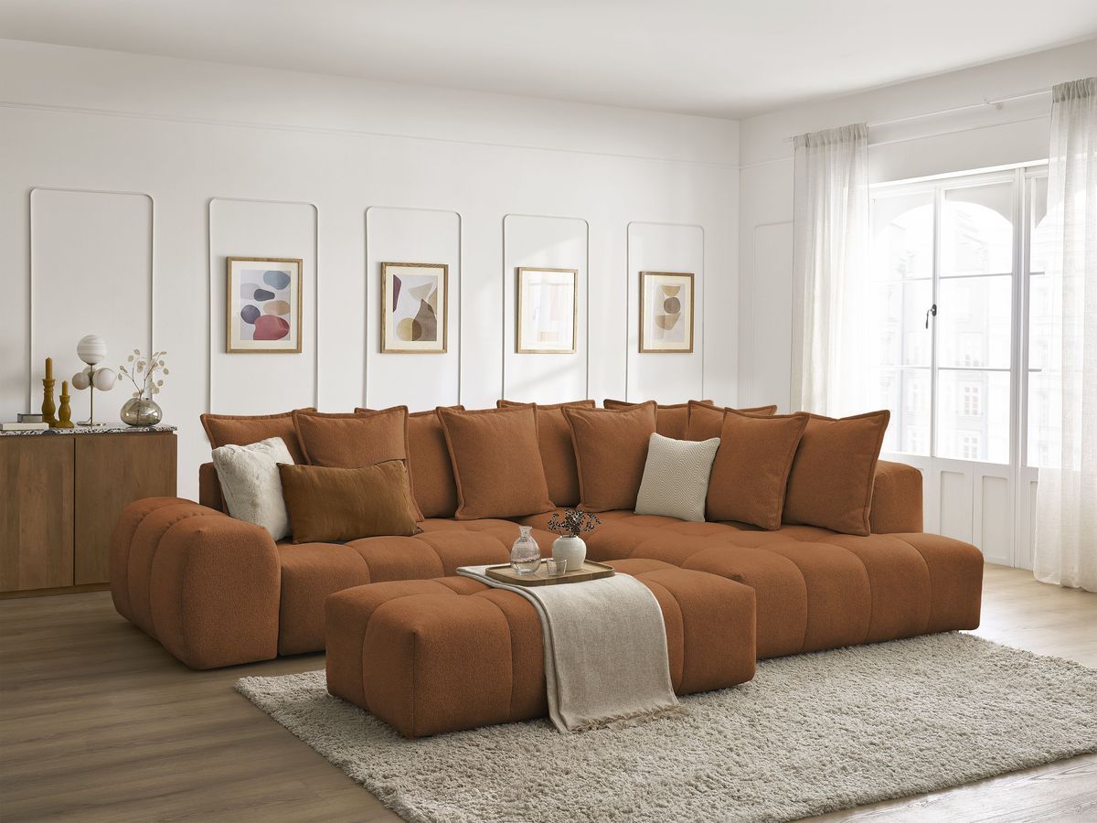 Canapé d'angle fixe EVEREST tissu chiné - Orange - Angle droit - 10 coussins