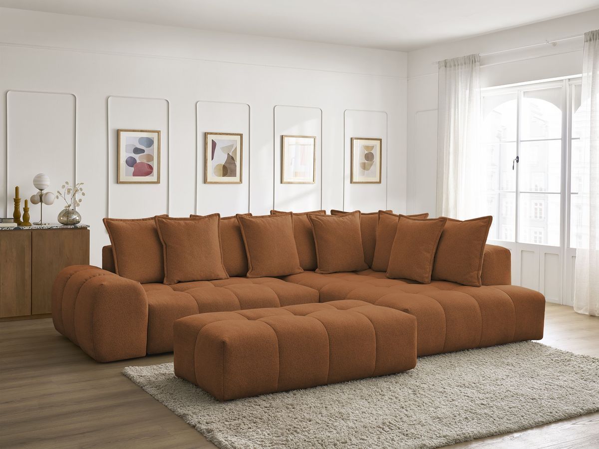 Canapé d'angle fixe EVEREST tissu chiné - Orange - Angle droit - 10 coussins