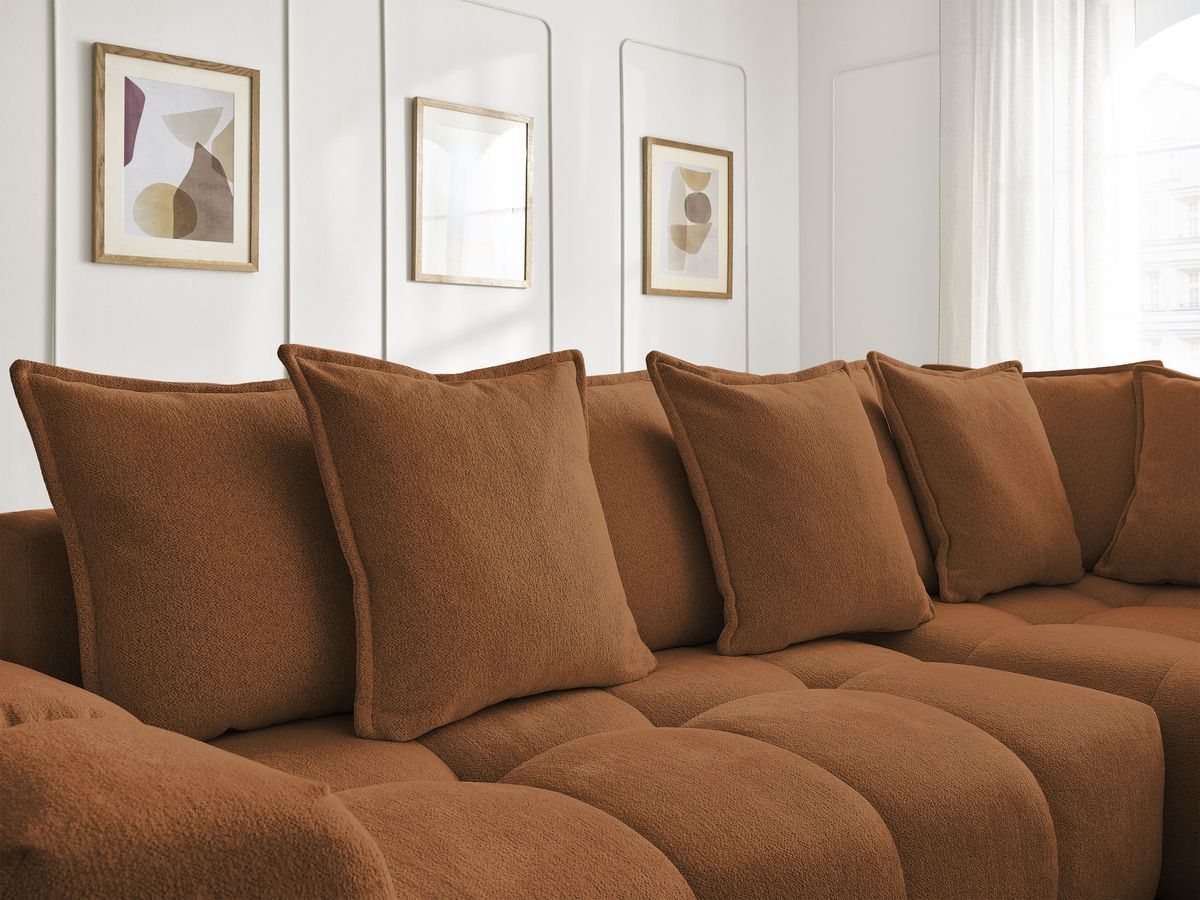 Canapé d'angle fixe EVEREST tissu chiné - Orange - Angle droit - 10 coussins