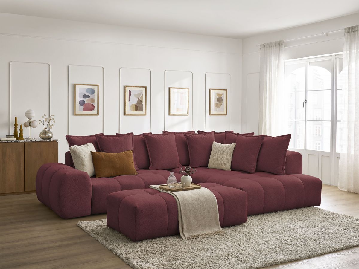 Canapé d'angle L convertible coffre EVEREST tissu chiné avec pouf rouge  angle droit BOBOCHIC 4 places