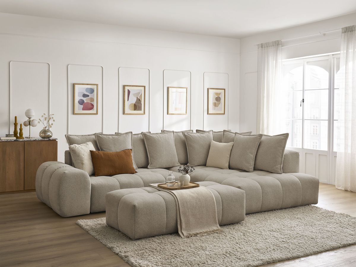 Canapé d'angle L convertible coffre EVEREST tissu chiné avec pouf
