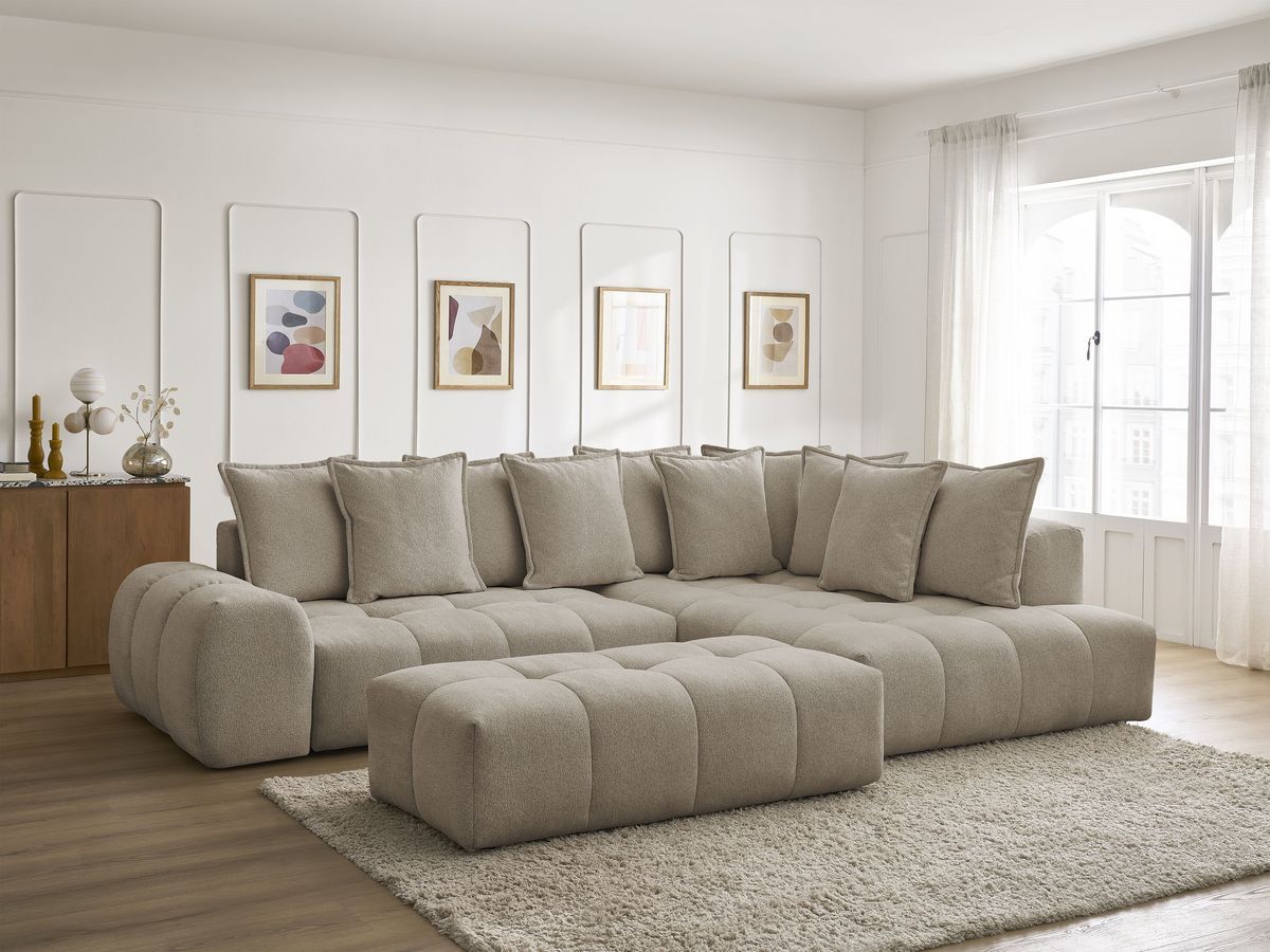 Canapé d'angle L convertible coffre EVEREST tissu chiné avec pouf
