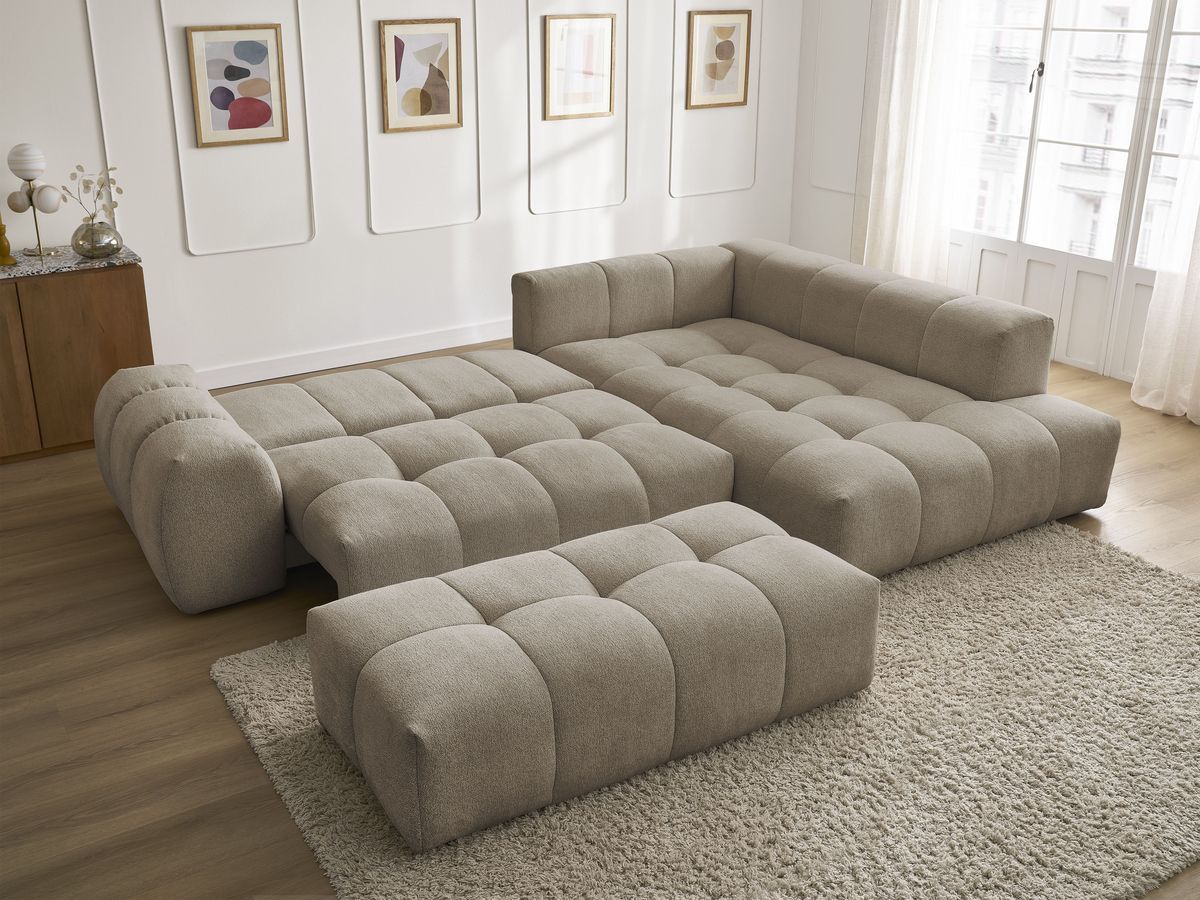 Canapé d'angle L convertible coffre EVEREST tissu chiné avec pouf