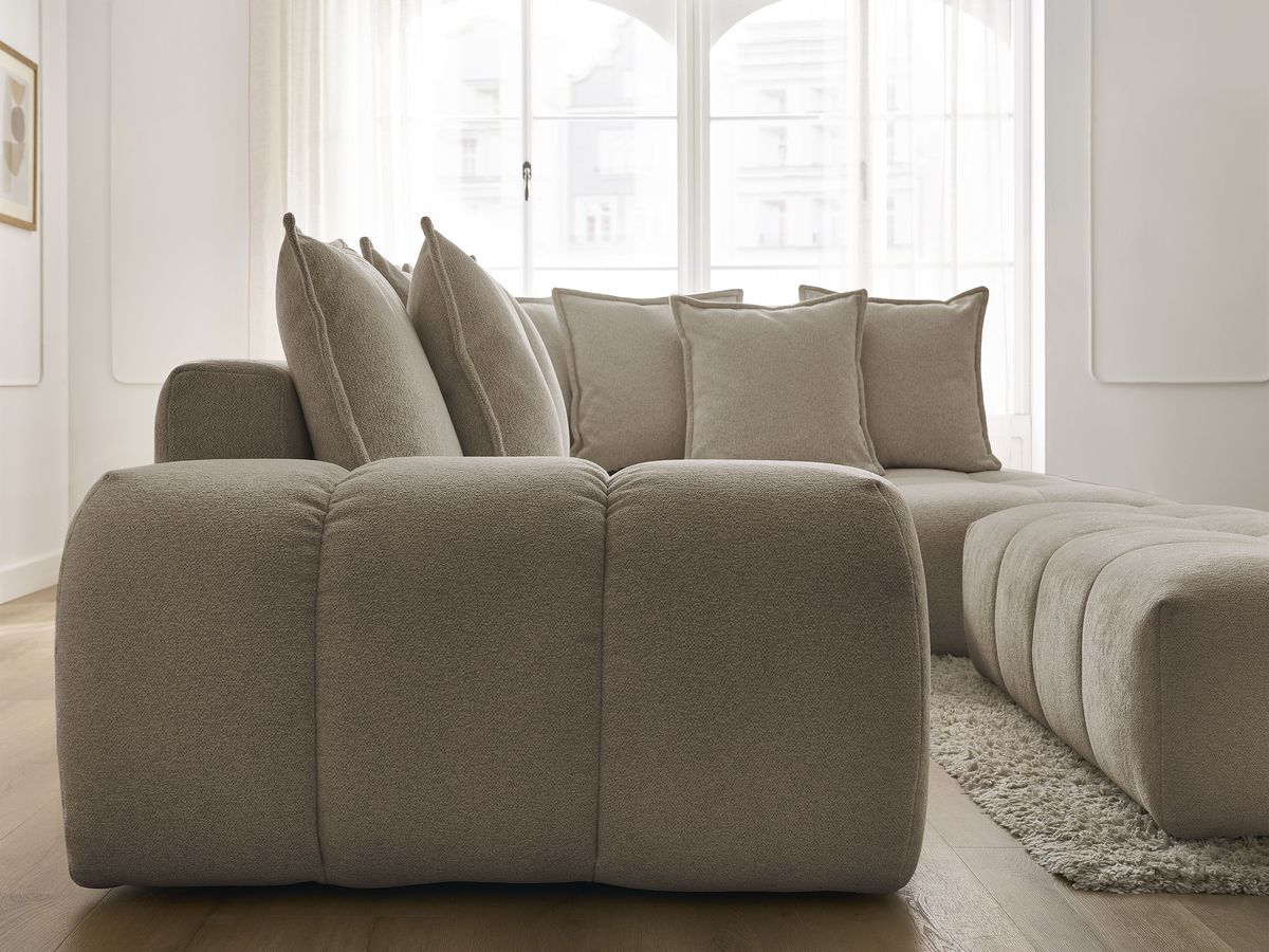 Canapé d'angle L convertible coffre EVEREST tissu chiné avec pouf