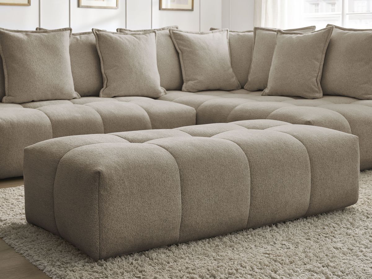 Canapé d'angle L convertible coffre EVEREST tissu chiné avec pouf