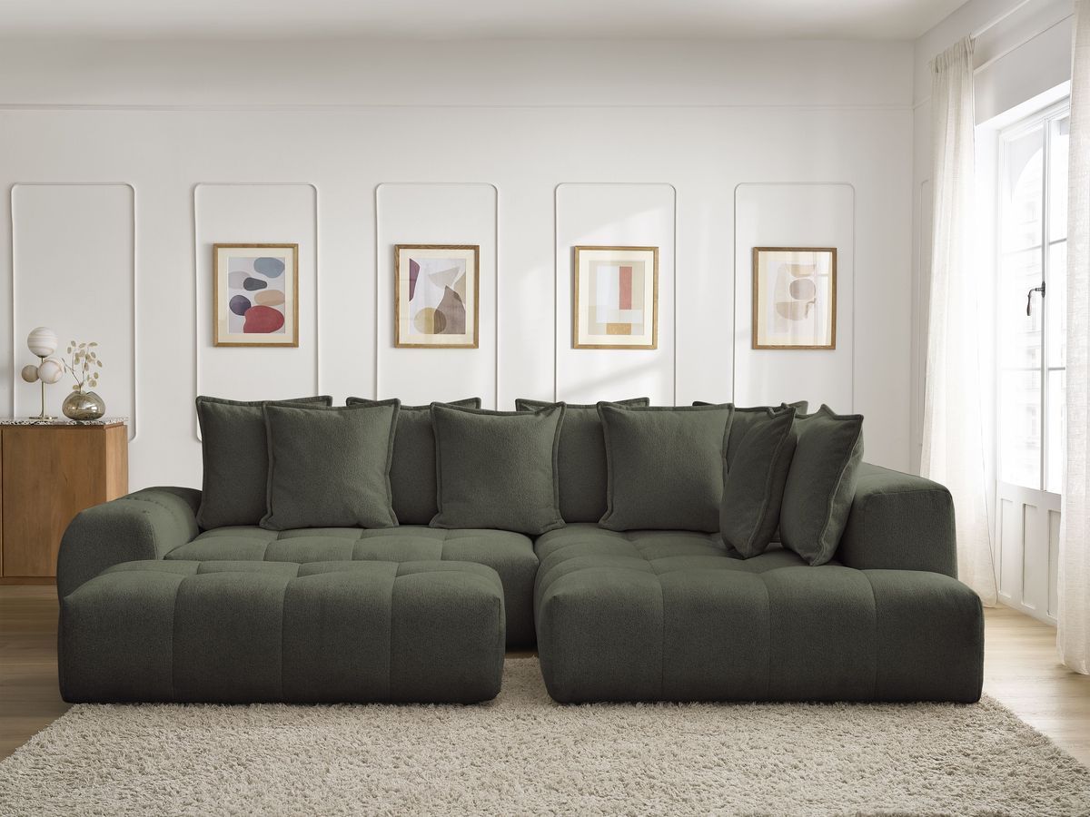 Canapé d'angle L convertible coffre EVEREST tissu chiné avec pouf vert angle droit BOBOCHIC 4 places - Vue supplémentaire 3