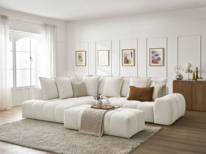 Canapé d'angle L convertible coffre EVEREST tissu chiné avec pouf