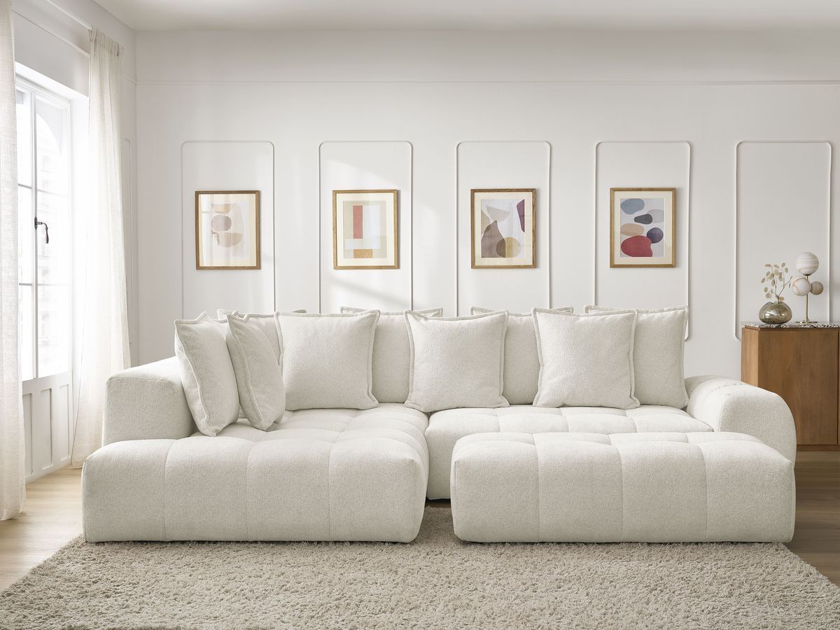 Canapé d'angle L convertible coffre EVEREST tissu chiné avec pouf blanc angle gauche BOBOCHIC 4 places - Vue supplémentaire 3