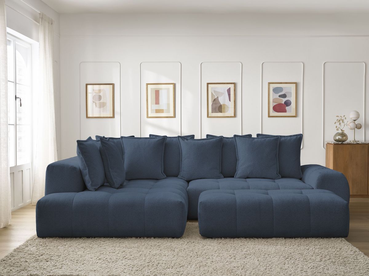 Canapé d'angle L convertible coffre EVEREST tissu chiné avec pouf bleu foncé angle gauche BOBOCHIC 4 places - Vue supplémentaire 3