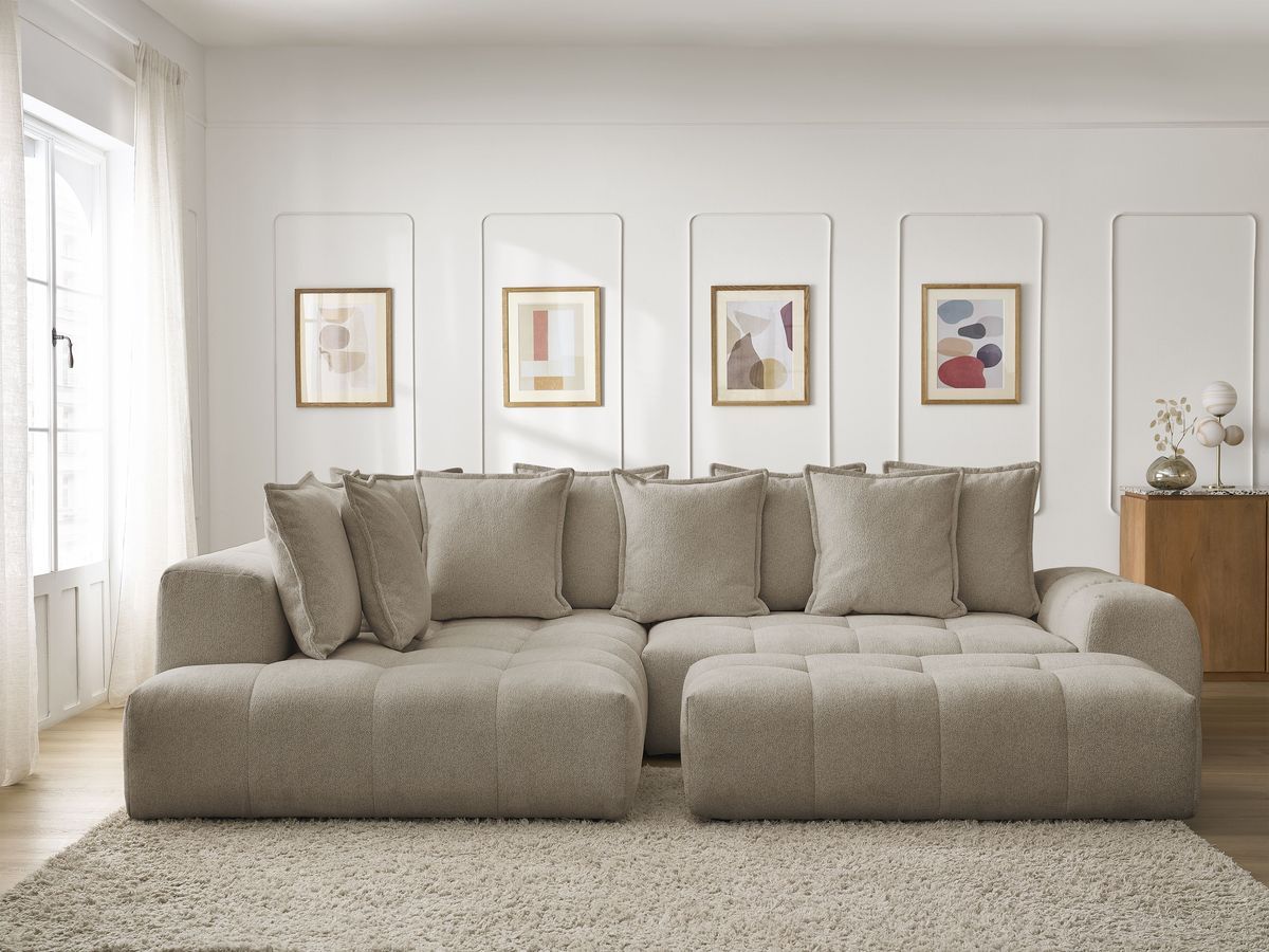 Canapé d'angle L convertible coffre EVEREST tissu chiné avec pouf taupe angle gauche BOBOCHIC 4 places - Vue supplémentaire 3