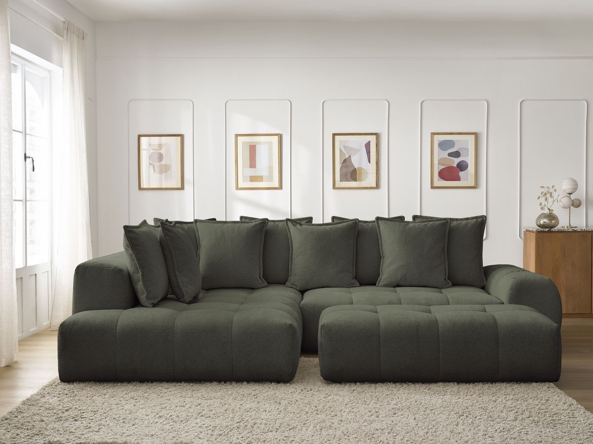Canapé d'angle L convertible coffre EVEREST tissu chiné avec pouf vert angle gauche BOBOCHIC 4 places - Vue supplémentaire 3