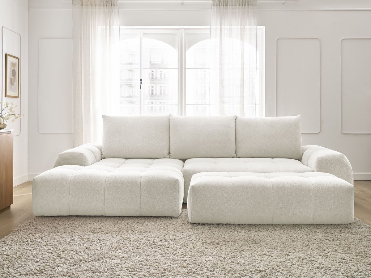 Canapé d'angle convertible coffre EVEREST tissu chiné avec pouf blanc angle gauche BOBOCHIC 4 places - Vue supplémentaire 3