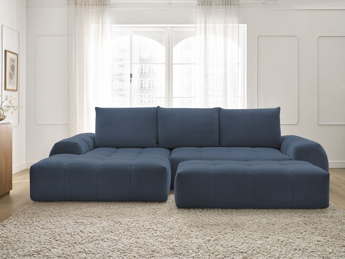 Canapé d'angle convertible coffre EVEREST tissu chiné avec pouf bleu foncé angle gauche BOBOCHIC 4 places - Vue supplémentaire 3