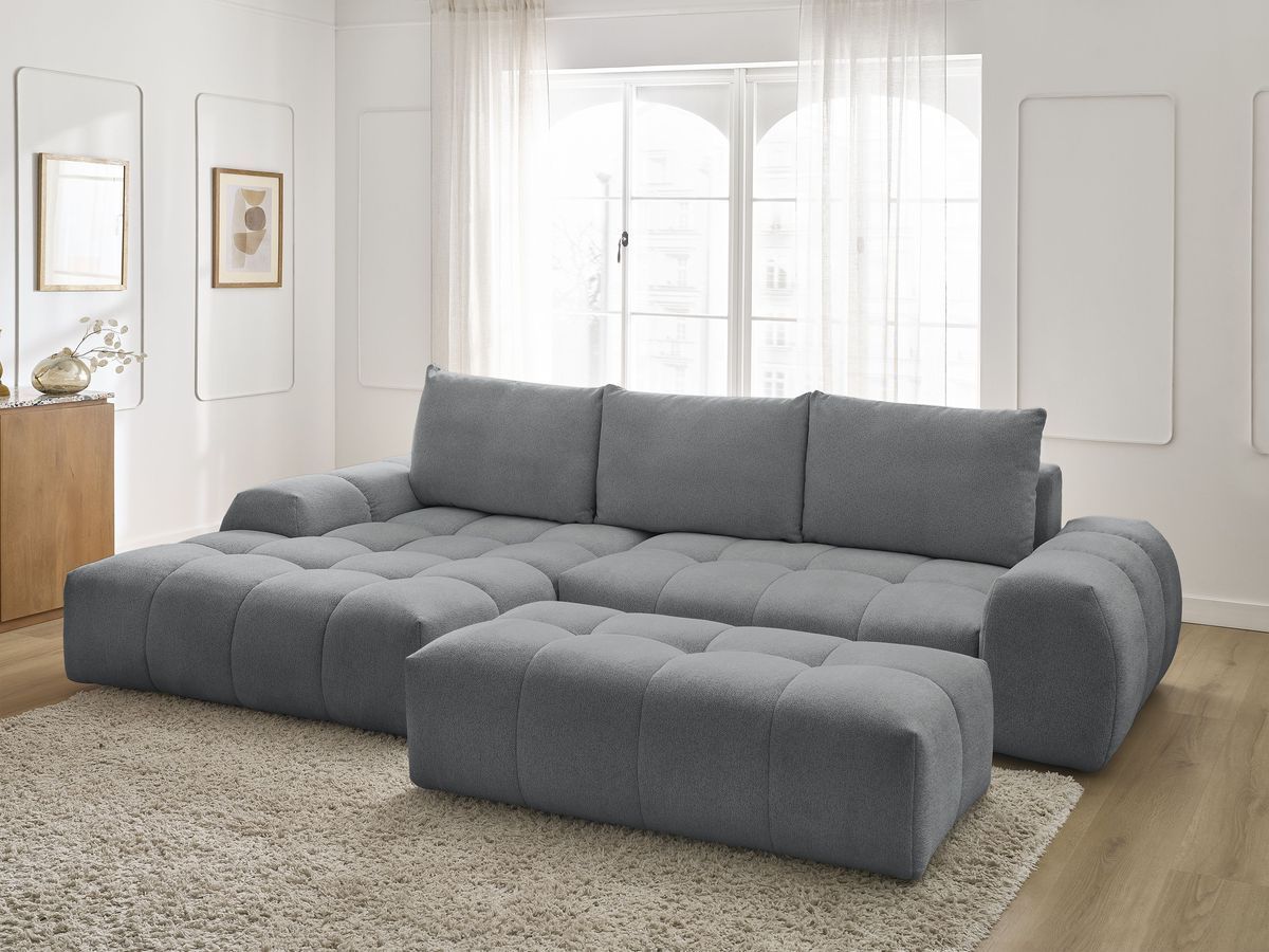 Canapé d'angle convertible coffre EVEREST tissu chiné avec pouf gris foncé angle gauche BOBOCHIC 4 places - Vue supplémentaire 3