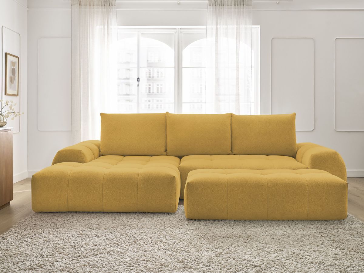 Canapé d'angle convertible coffre EVEREST tissu chiné avec pouf jaune angle gauche BOBOCHIC 4 places - Vue supplémentaire 3