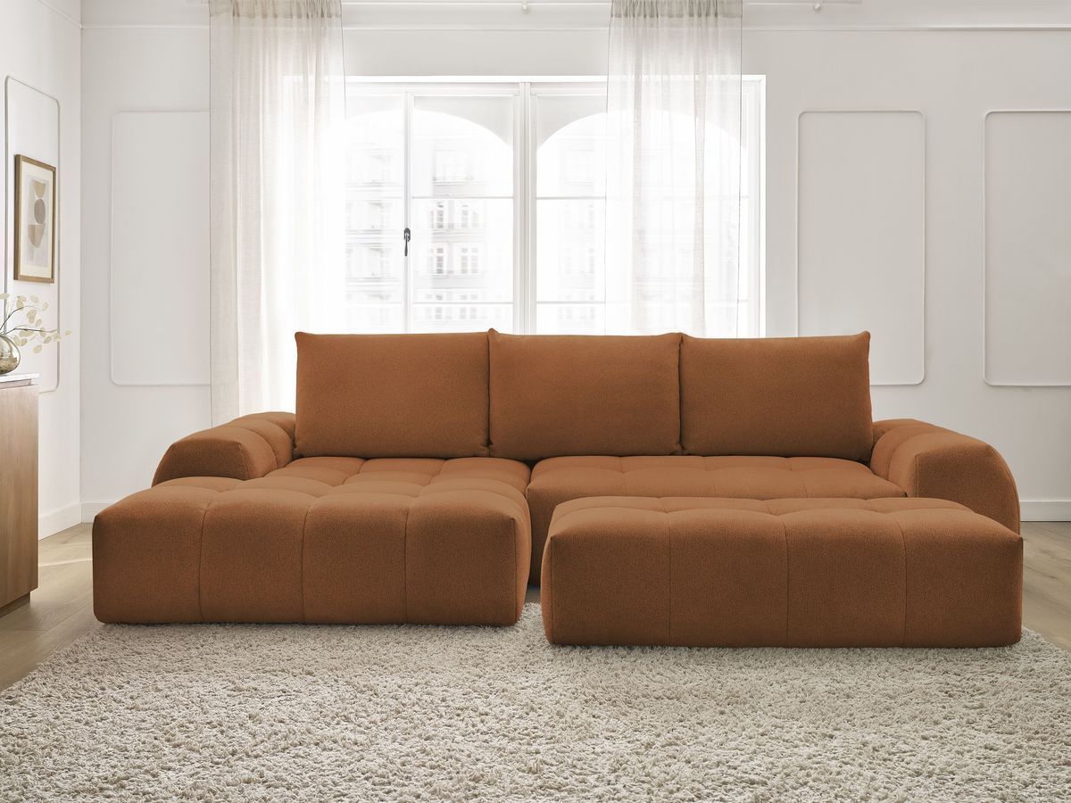 Canapé d'angle convertible coffre EVEREST tissu chiné avec pouf orange angle gauche BOBOCHIC 4 places - Vue supplémentaire 3
