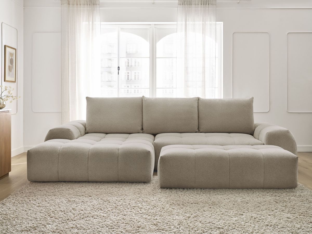 Canapé d'angle convertible coffre EVEREST tissu chiné avec pouf taupe angle gauche BOBOCHIC 4 places - Vue supplémentaire 3