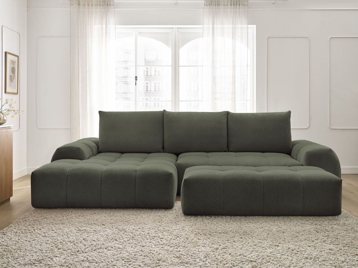 Canapé d'angle convertible coffre EVEREST tissu chiné avec pouf vert angle gauche BOBOCHIC 4 places - Vue supplémentaire 3