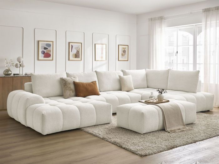 Canapé panoramique convertible coffre EVEREST tissu chiné avec pouf