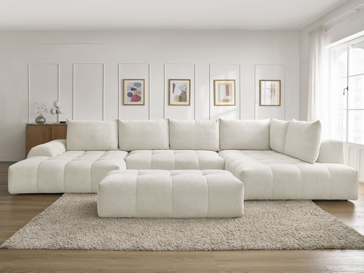 Canapé panoramique convertible coffre EVEREST tissu chiné avec pouf blanc angle gauche BOBOCHIC 7 places - Vue supplémentaire 3