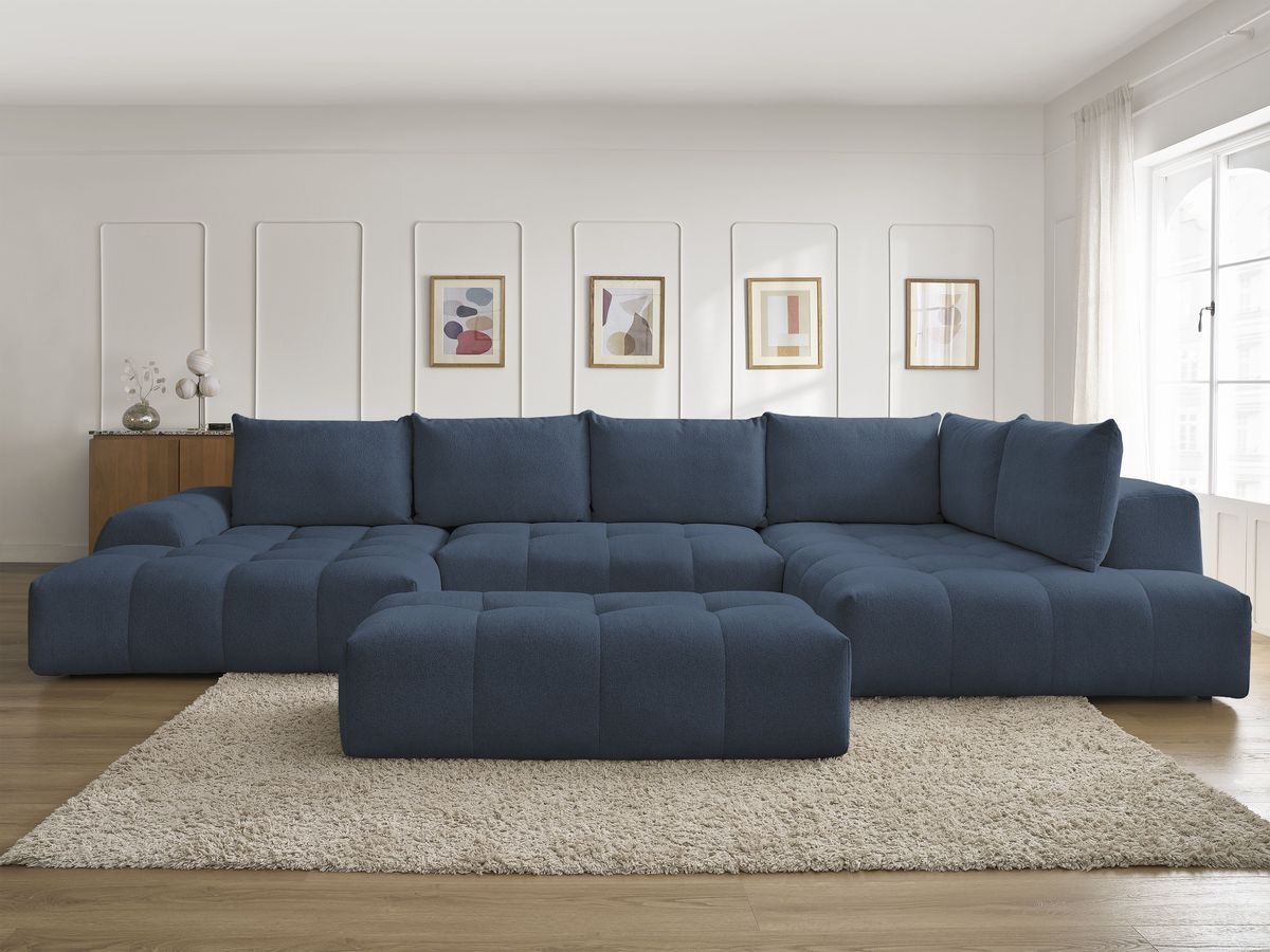 Canapé panoramique convertible coffre EVEREST tissu chiné avec pouf bleu foncé angle gauche BOBOCHIC 7 places - Vue supplémentaire 3